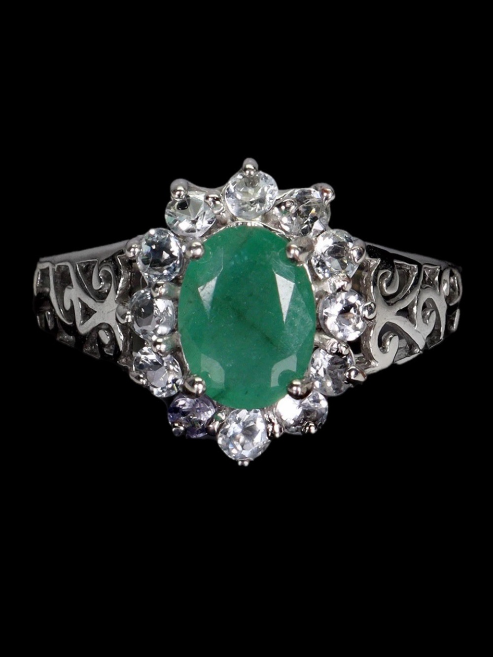 Elegant Genuine 8mm by 6mm Emerald Accented with Aquamarines Ring